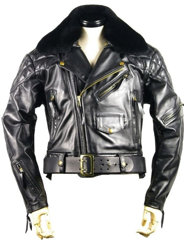 Front view of Leathermen Uniform Jacket – black leather fetish jacket with belt and fur collar by Leather gear