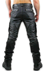 Load image into Gallery viewer, Back view of Men’s Leather Cargo Pants with buttoned rear pockets and sculpted seat – classic biker pants style
