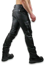 Load image into Gallery viewer, Side view of black leather cargo pants with snap side pockets and straight-leg fit – fetish pants for gay men
