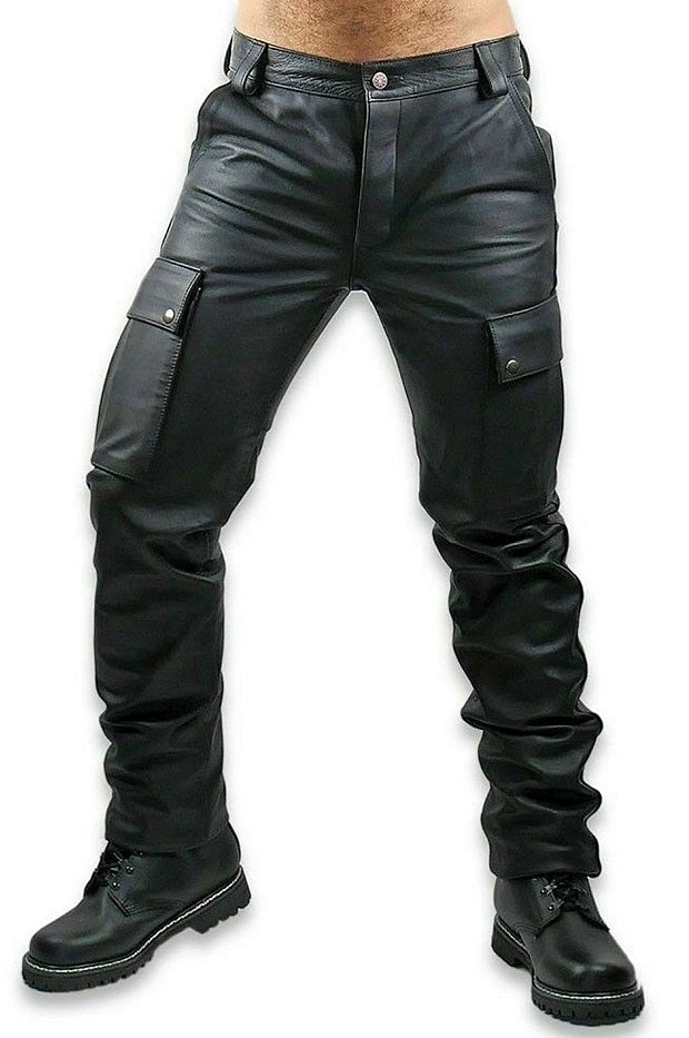 Front view of Men’s Leather Cargo Pants in black cowhide – low-rise fit and six-pocket design for gay leathermen by Leather Gear