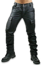 Load image into Gallery viewer, Front view of Men’s Leather Cargo Pants in black cowhide – low-rise fit and six-pocket design for gay leathermen by Leather Gear
