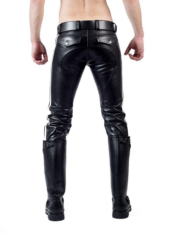 Back view of leather pants showing black ass saddle and stripe detail – leather bar uniform for BLUF style
