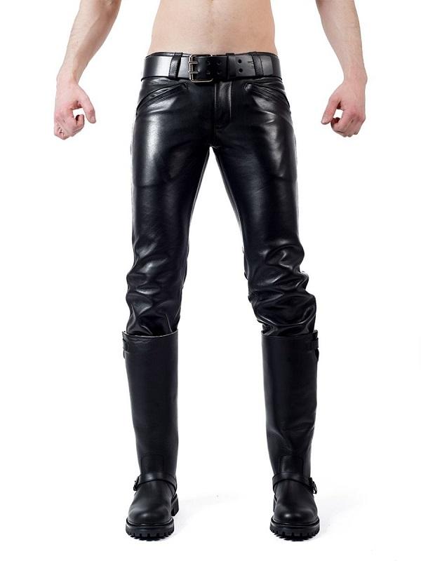 Front view of Men's Leather Pants with White Stripes – tight leather fetishwear for gay leathermen