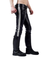 Lade das Bild in den Galerie-Viewer, Side view of black leather pants with white stripes – slim-fit gay leather pants with low-rise cut
