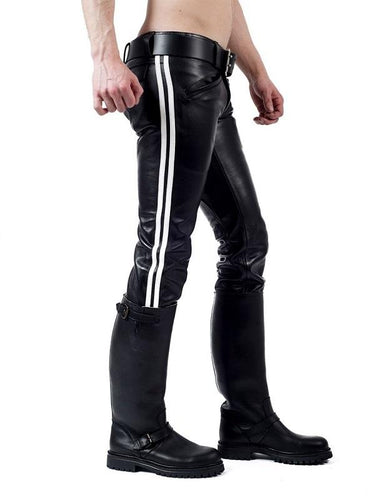Side view of black leather pants with white stripes – slim-fit gay leather pants with low-rise cut