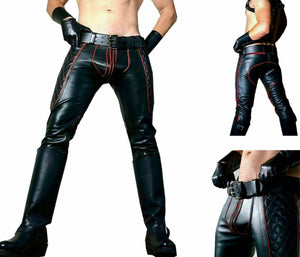 Men's Real Leather Quilted Pants with Red accent