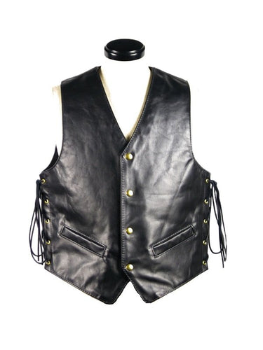 Front view of side-laced black leather vest for gay bikers and fetishwear, featuring stud front and tall paneled cut – Leather Gear