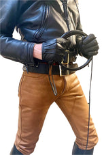 Load image into Gallery viewer, Close-up of waistband and belt loops on tan leather jeans – tight low-rise leather pants for fetishwear lovers
