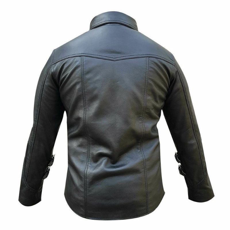 Back view of leather shirt showing clean silhouette perfect for gay leathermen