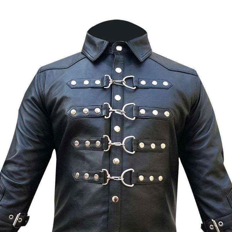 Original long-sleeve leather shirt for gay leathermen and dominant style