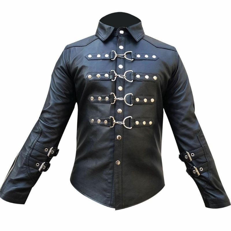 Gay leather shirt with snap front, buckle closures, and full-grain cowhide texture