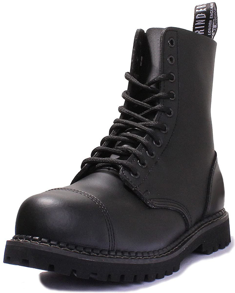 Left side angled view of The Street Stride Boots – gay black leather ankle boots with 10-hole laces