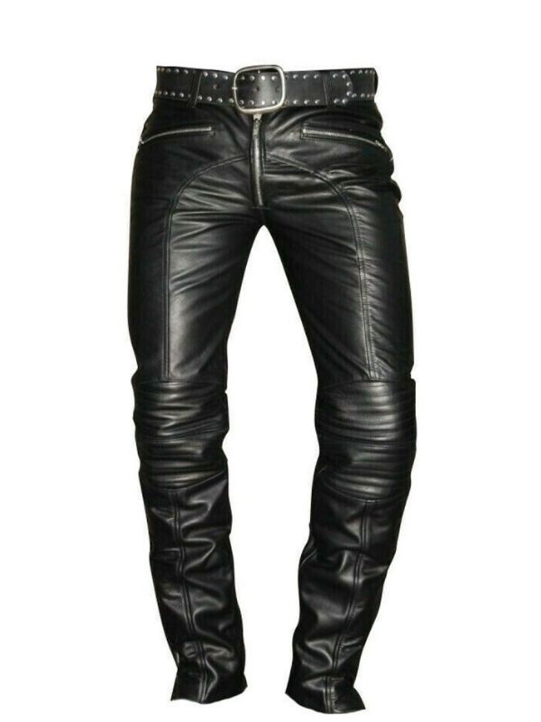 Mens Brown Leather Pants Slim Fit Biker Cowhide Leather Trousers